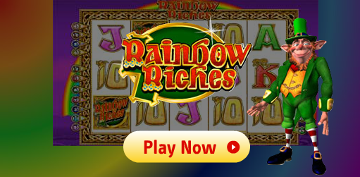 A leprechaun infront of the Rainbow Riches Game
